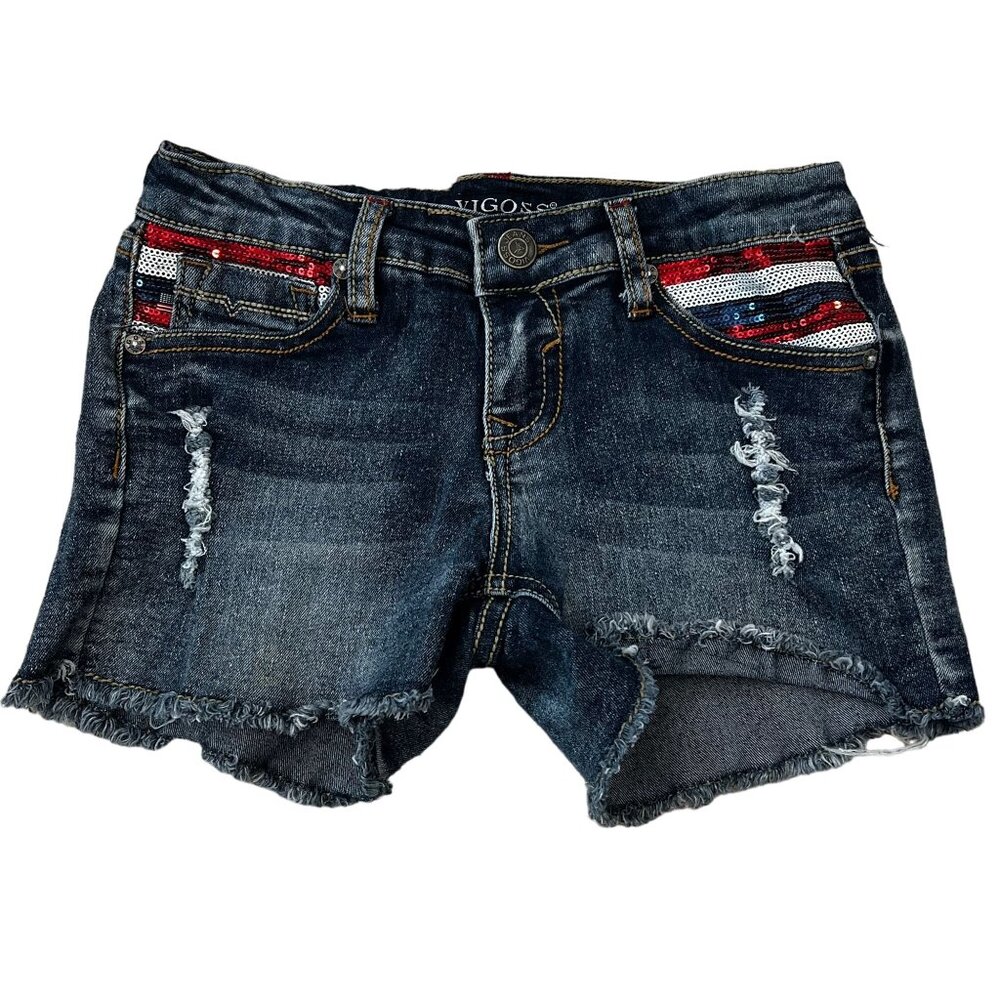 Vigoss Girls Adjustable Waist Jagger Shorts Size 12 Distressed Denim RWB Sequin